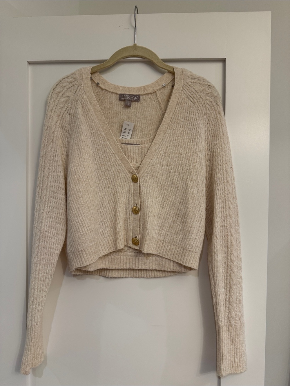 J. Crew Cream Cropped V‑Neck Ribbed Cardigan with Cream Cami & Gold Buttons